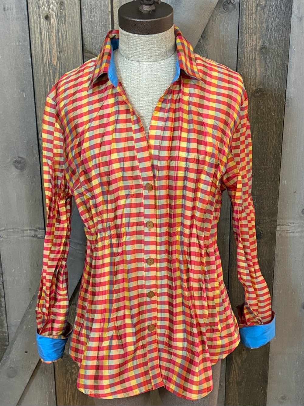 Beluva San Francisco Crinkle Pleated Plaid Button Up Blouse Art to Wear Large